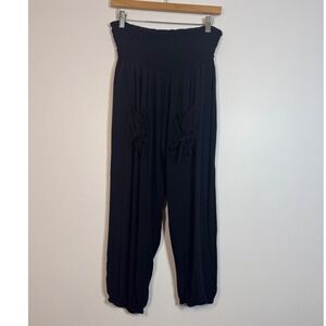 Boho Ingear Resort Smocked Harem Pants Womens XL Black Rayon IRP4350